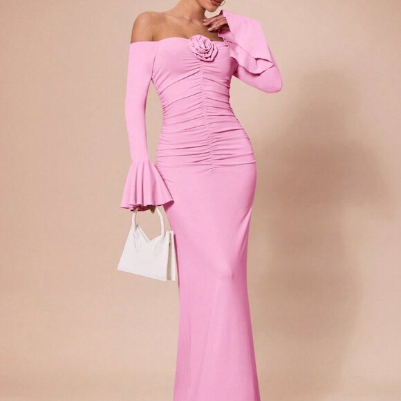 MODA ME COUTURE Dresses & Skirts - Baby Pink Elegant Women's Long Sleeve Off Shoulder 3d Flower Ruched Maxi dress